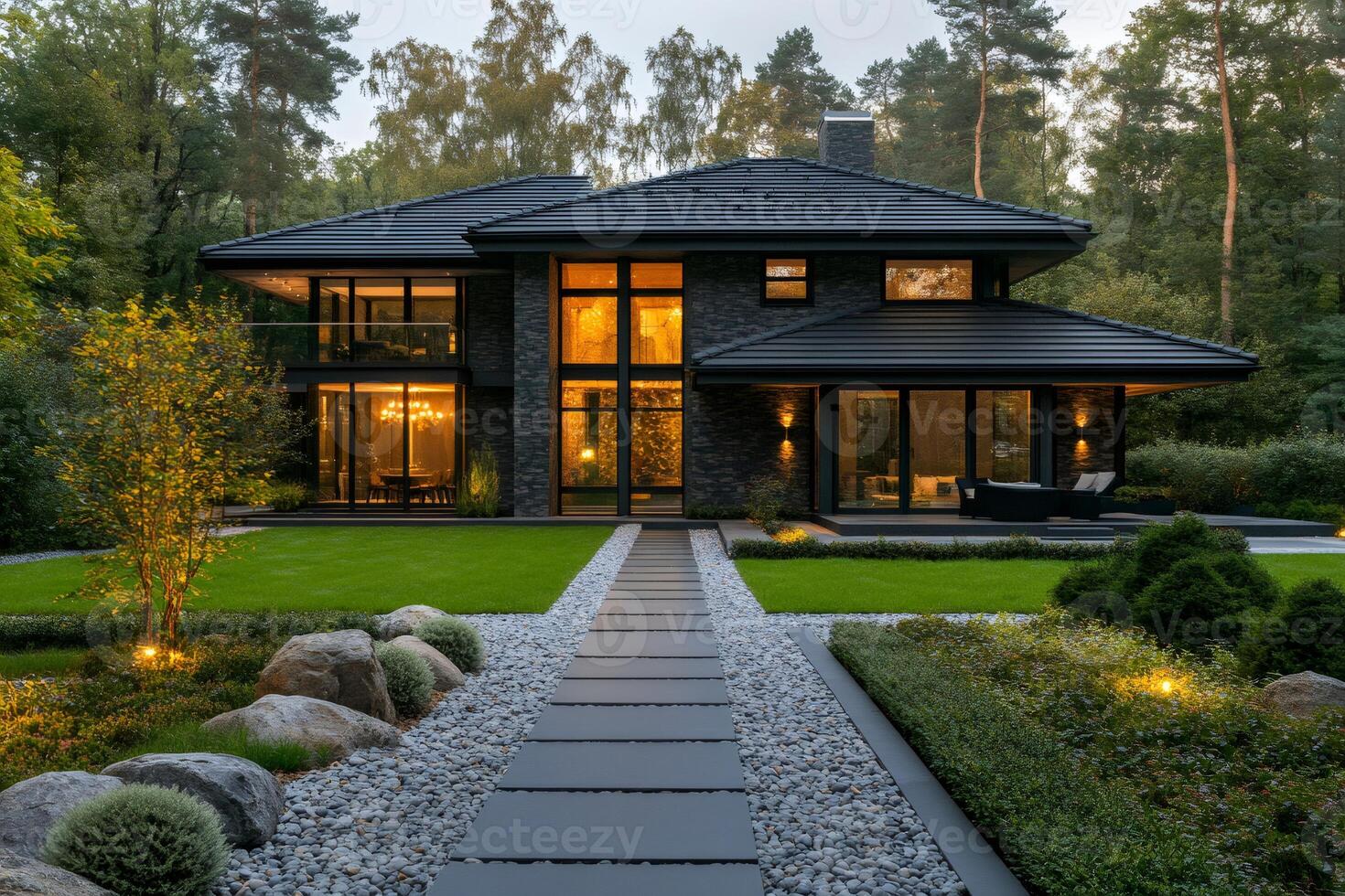 Modern luxury house exterior with illuminated garden and pathway at dusk photo