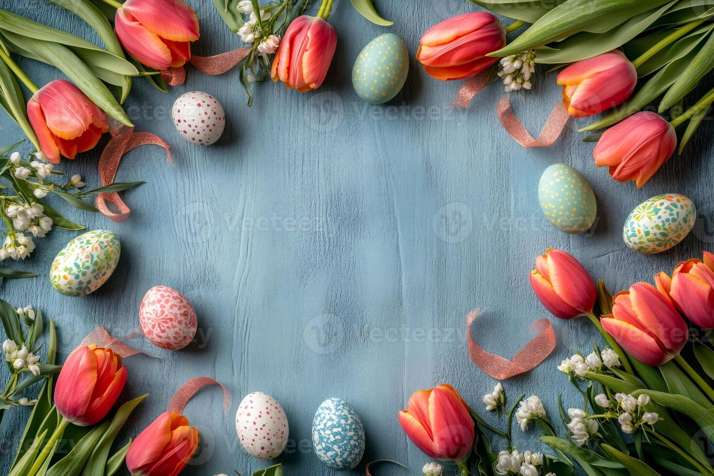 Easter eggs and tulips creating a frame on a blue wooden background photo