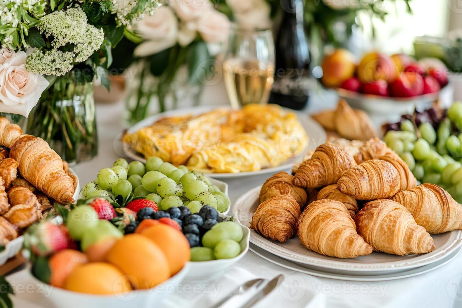 Delicious croissants and fresh fruit creating an appealing breakfast spread photo