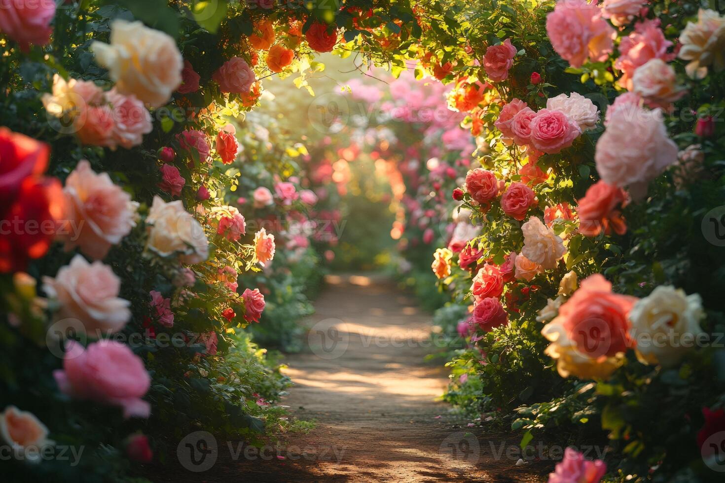 Rose garden path blooming with colorful flowers in spring sunlight photo