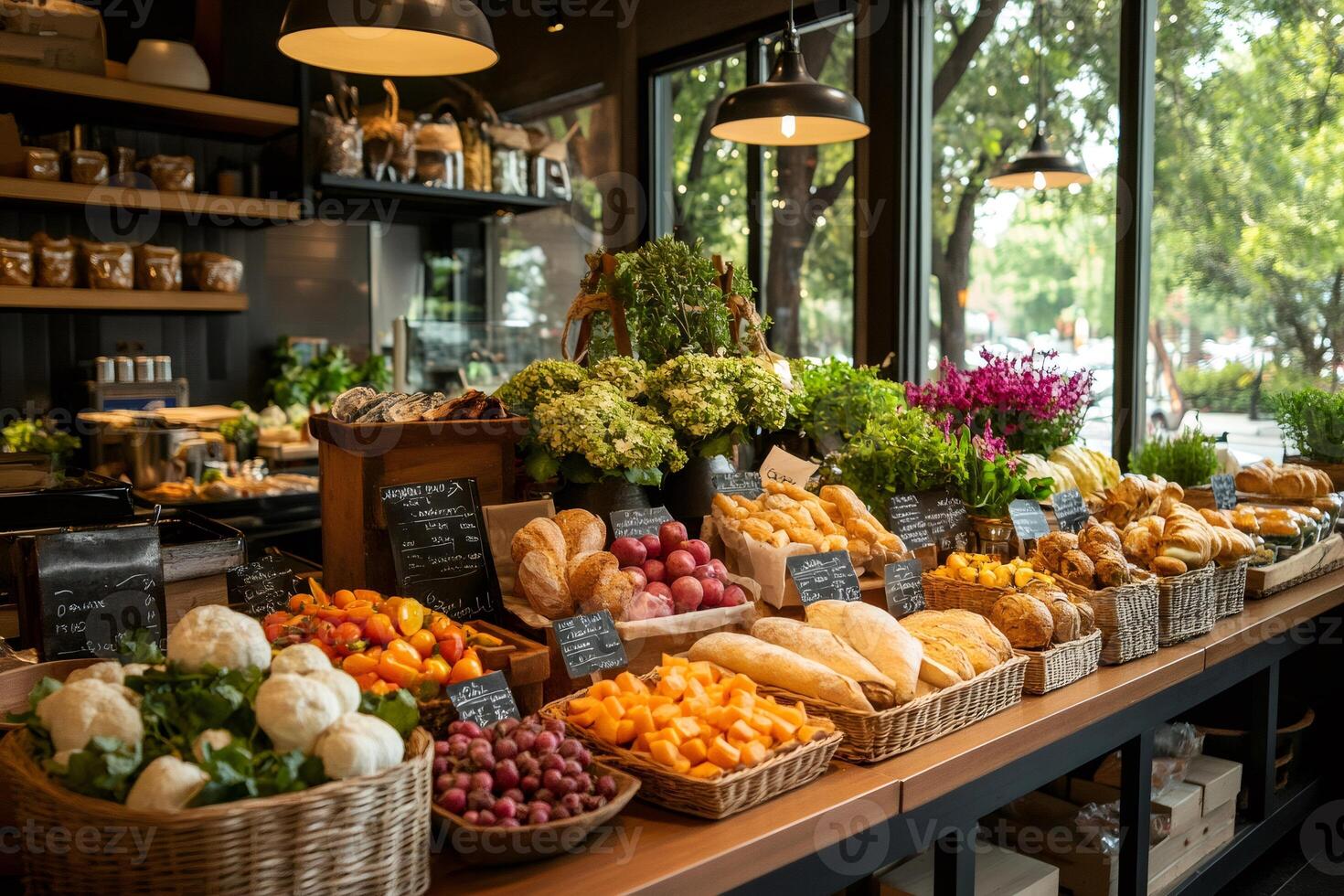Fresh produce and baked goods displayed on counter in bakery or grocery store photo