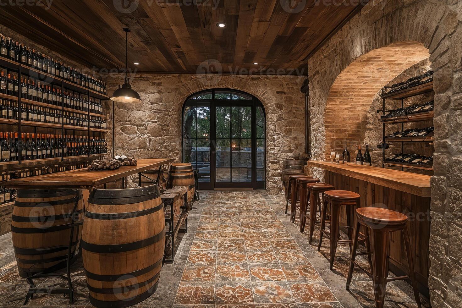 Wine cellar showing rustic interior design with barrels and wine bottles photo
