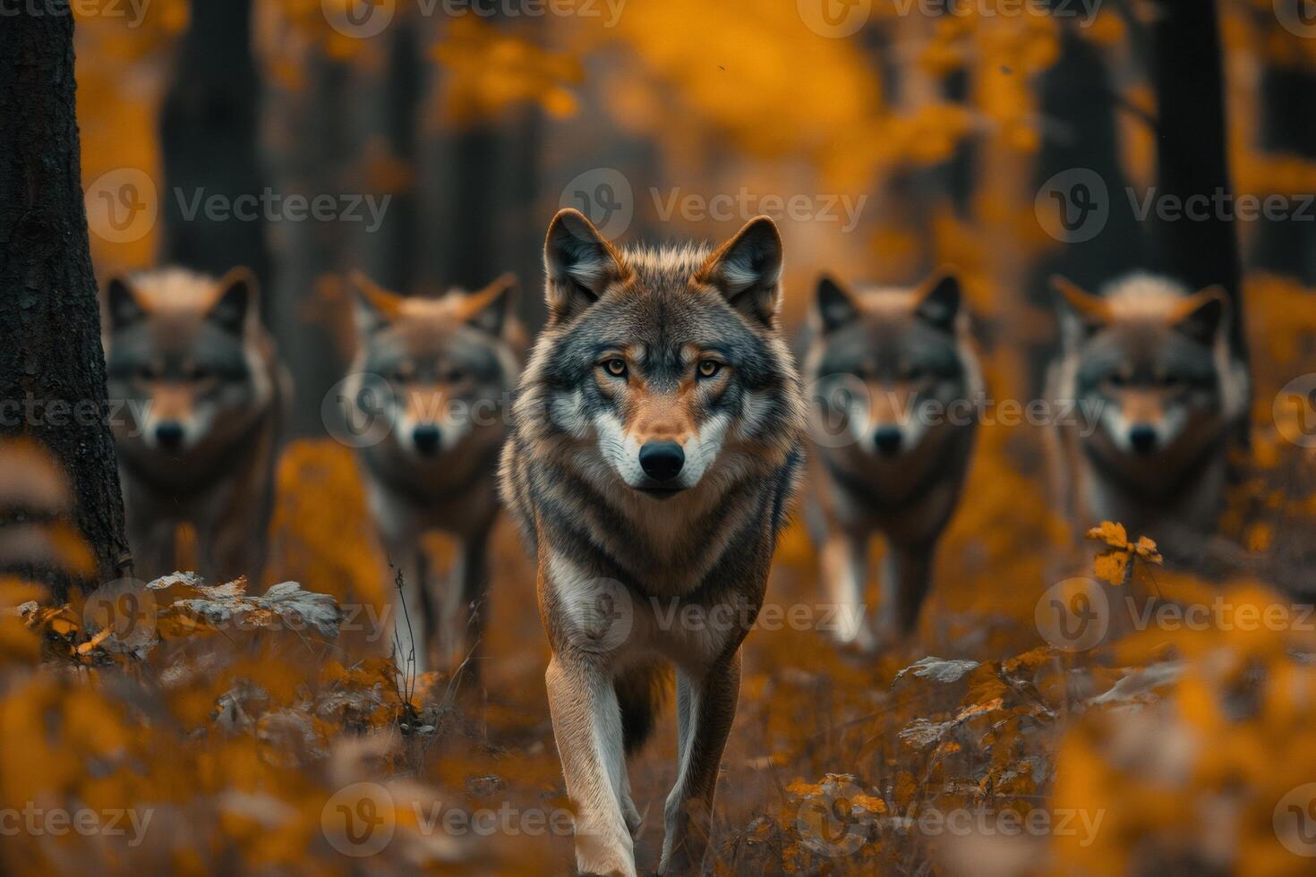 Wolfpack walking in the forest on an autumn day photo