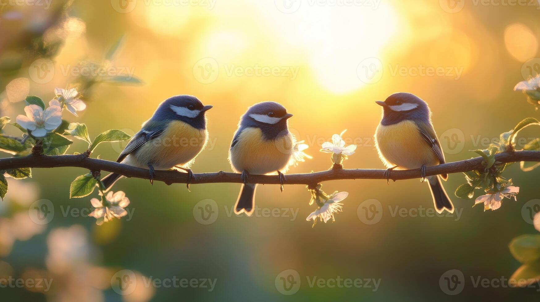 Three birds sitting on a blossoming tree branch at sunset photo