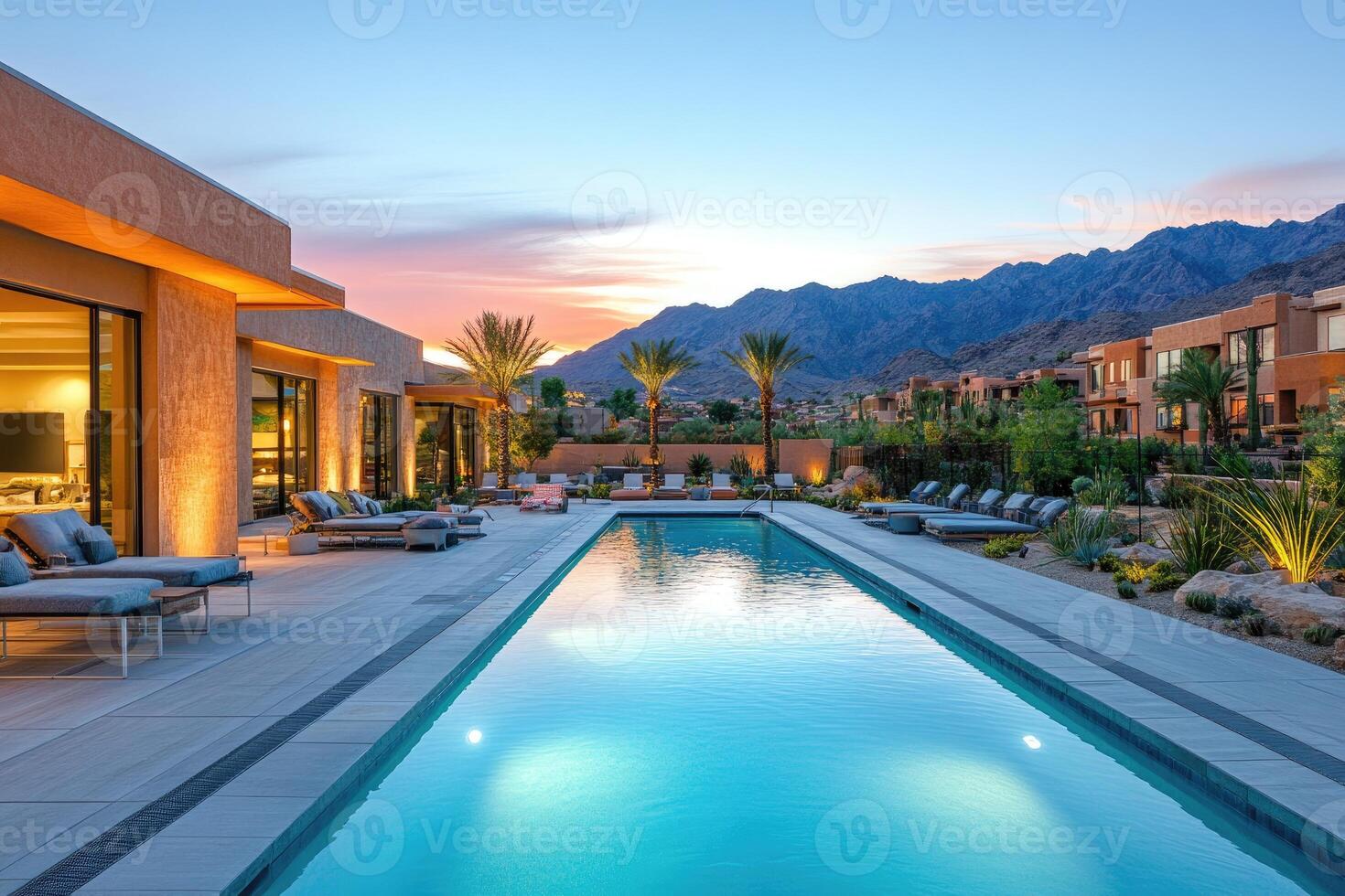Luxurious resort with illuminated pool at twilight in a desert landscape photo