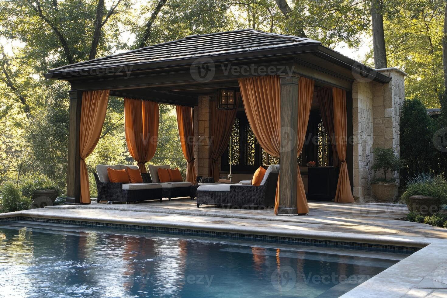 Luxurious gazebo overlooking tranquil swimming pool in backyard oasis photo