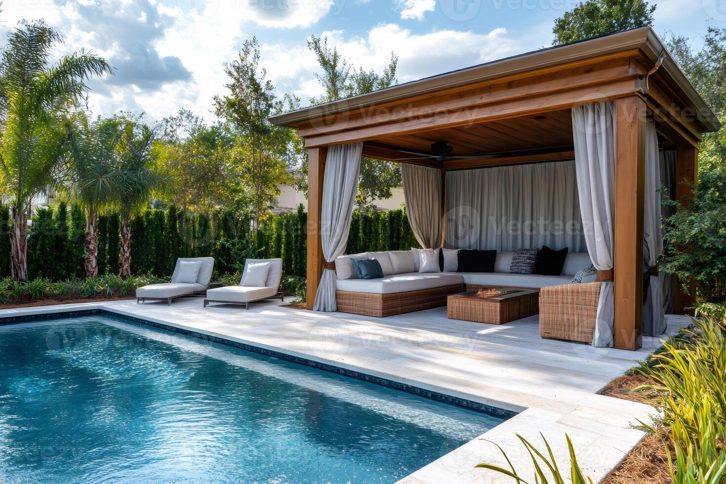Luxurious gazebo overlooking inviting swimming pool in backyard oasis photo