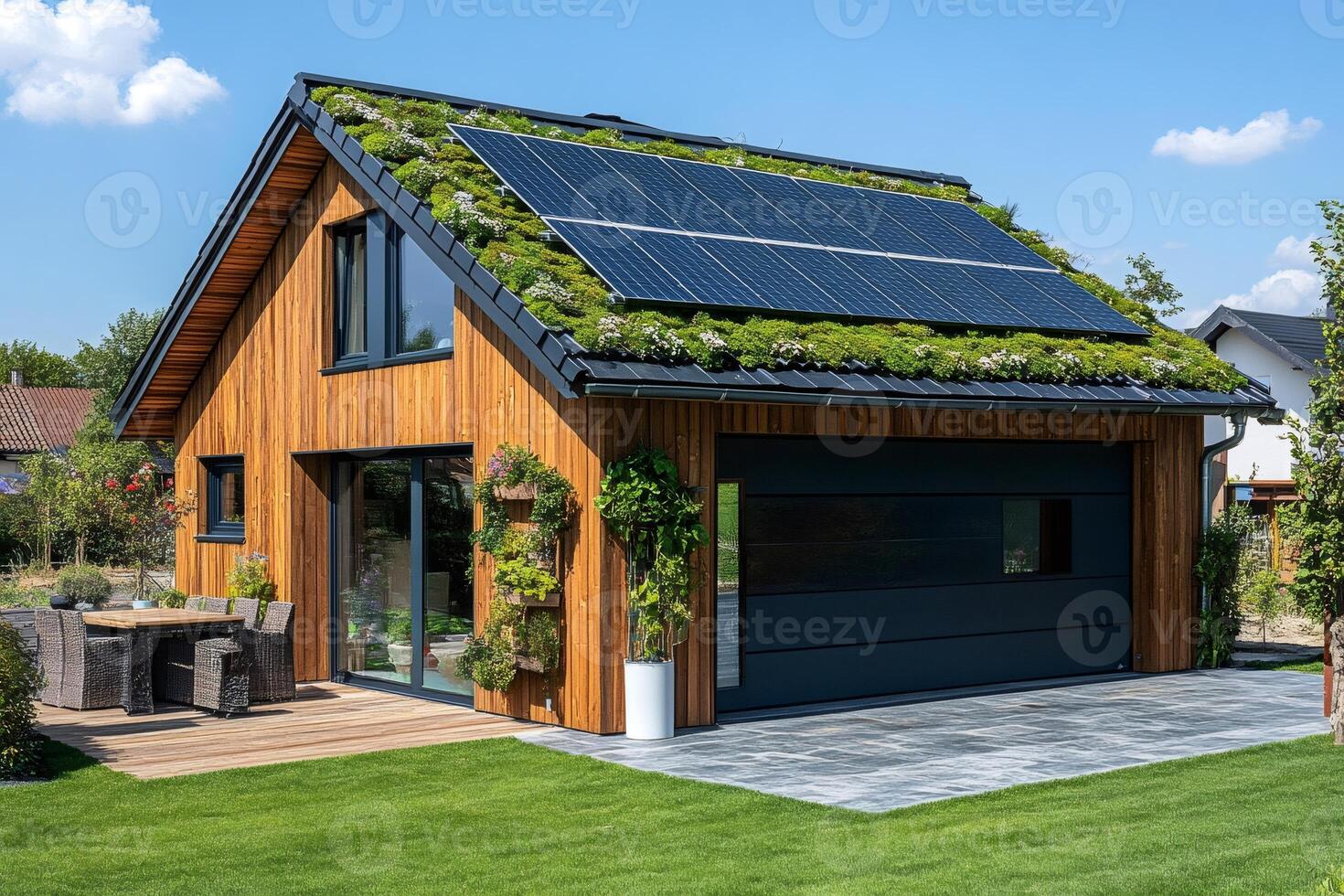 Modern wooden house with solar panels and green roof promoting sustainability photo
