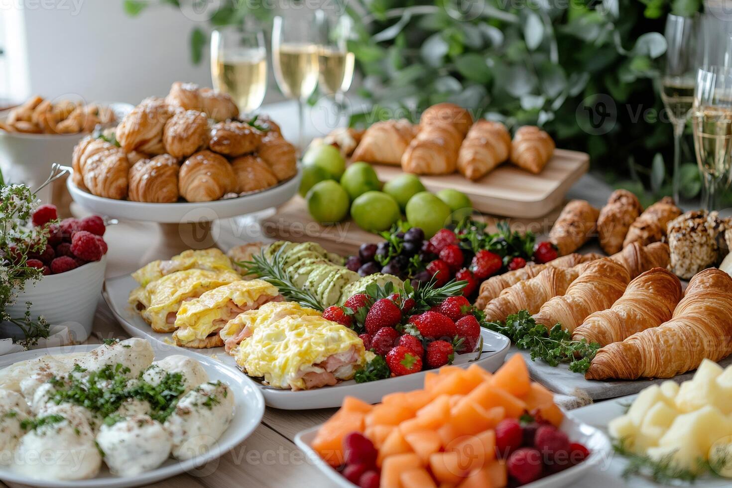 Delicious brunch buffet table setting with pastries, fruits, and champagne glasses photo