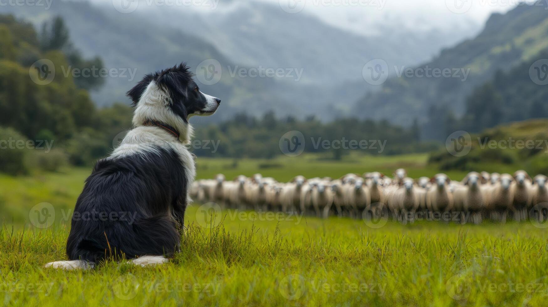Border collie herding sheep in green meadow with mountain view photo