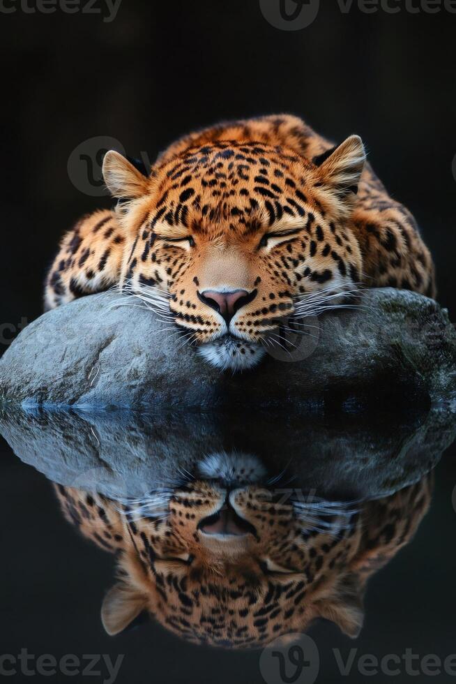 Leopard sleeping peacefully on rock with reflection in water photo