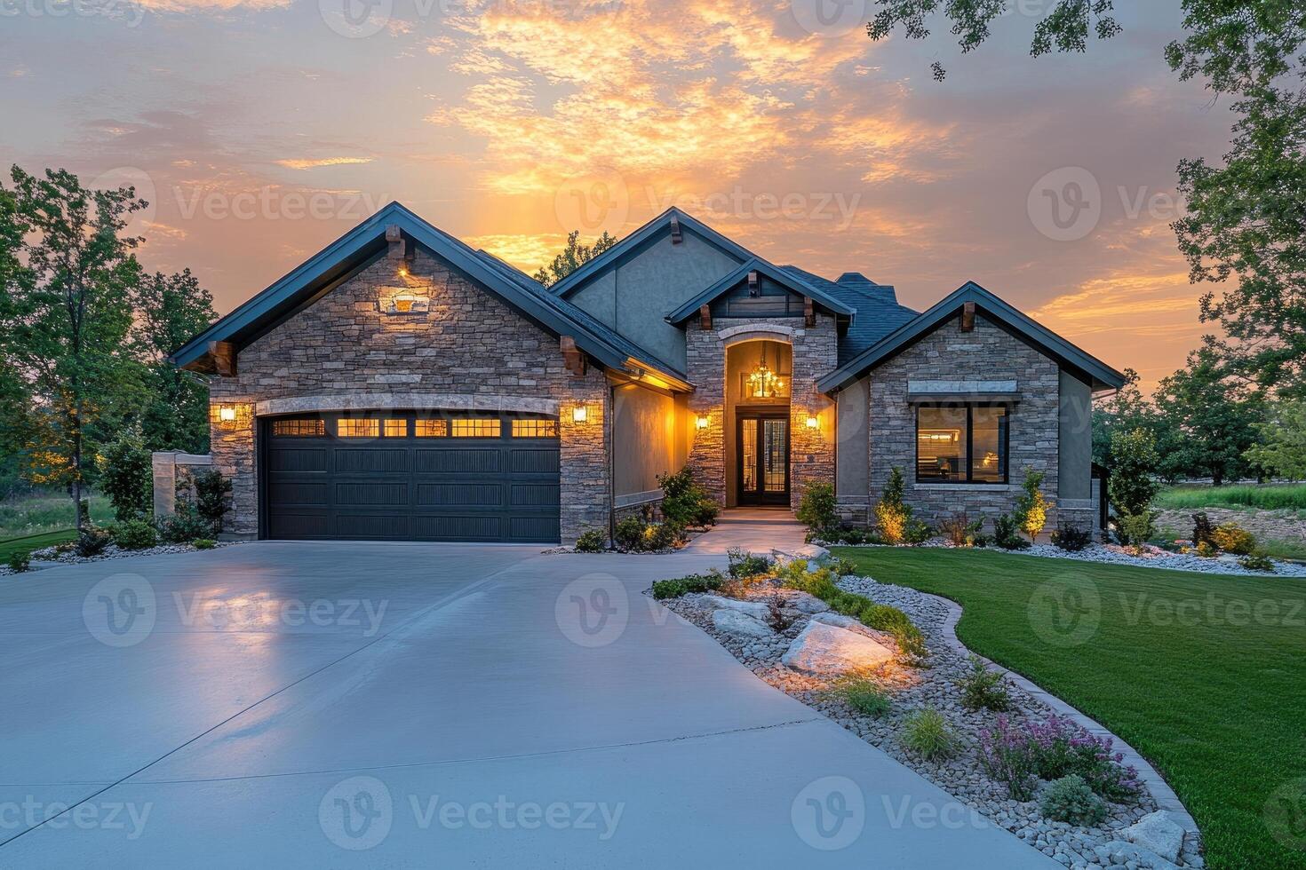 Beautiful new luxury home exterior at sunset with landscaping and driveway photo
