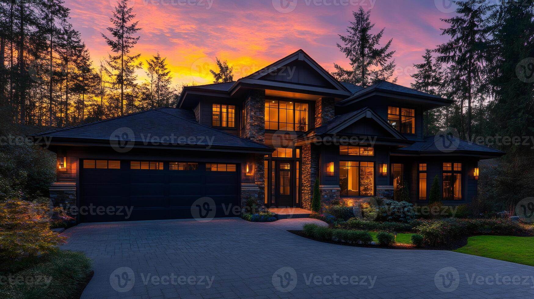 Luxury home exterior with illuminated windows at sunset in a wooded setting photo