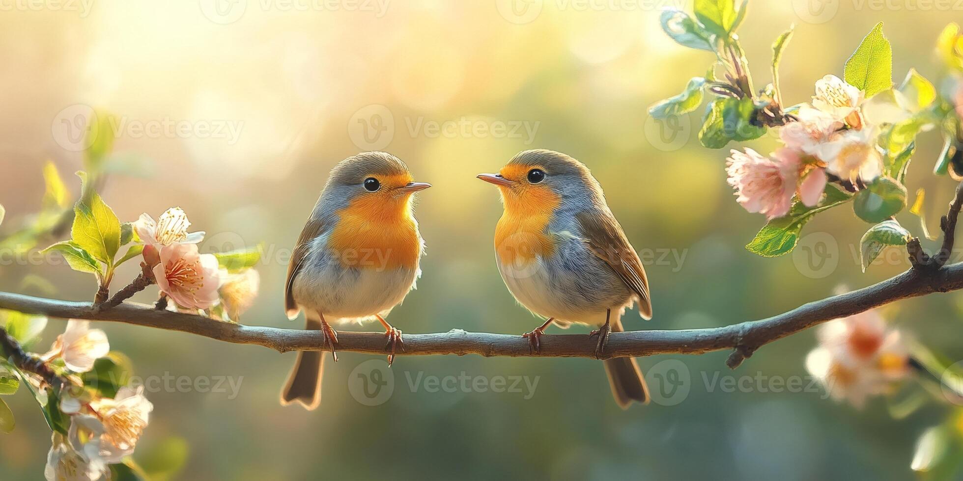 Two robins perched on a flowering branch in spring sunlight photo