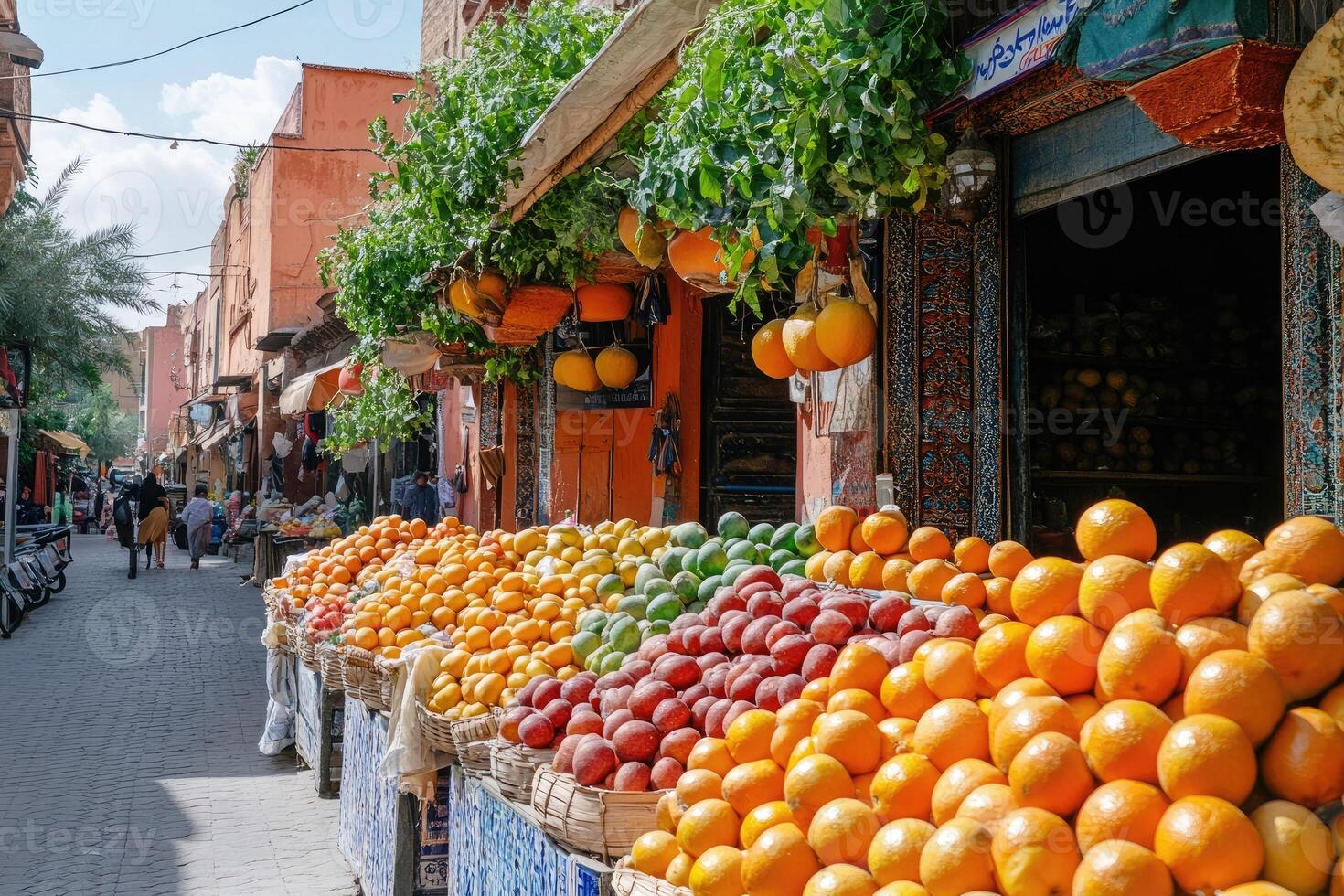 Fresh fruit displaying at a traditional moroccan market in marrakech photo