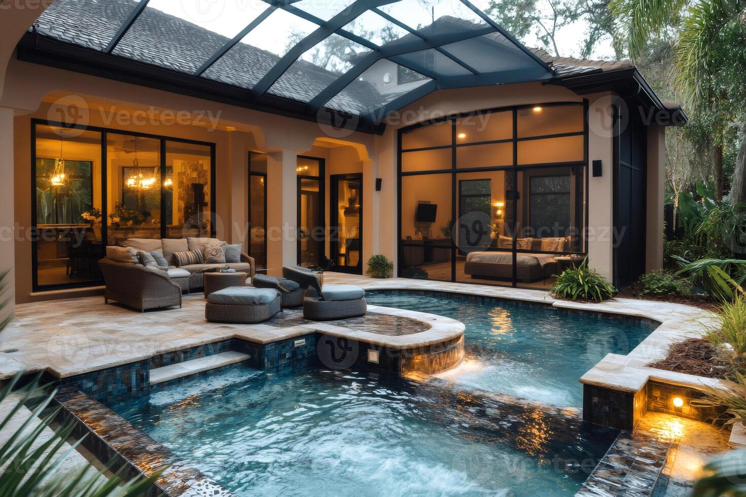 Luxurious florida pool area illuminating relaxation and tropical vibes photo