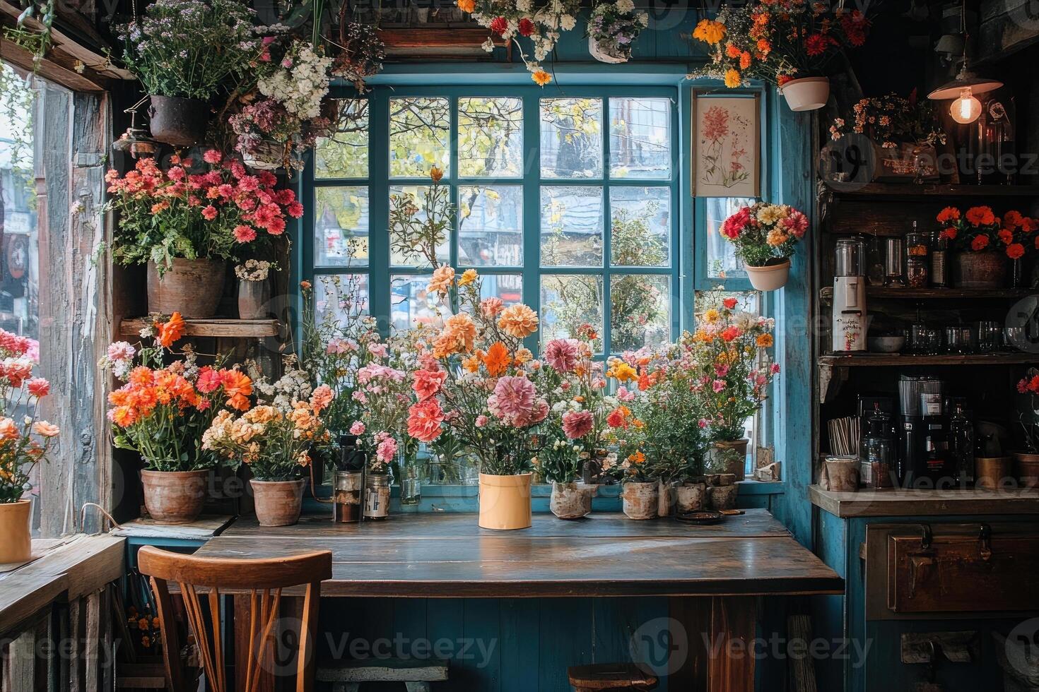 Colorful flowers sitting on table near window in rustic flower shop photo