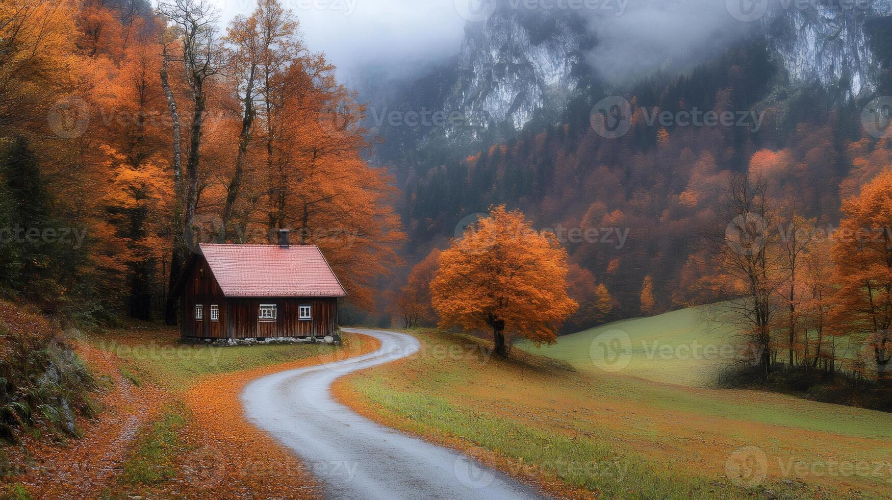 Winding road leading to cozy cabin in autumn mountain landscape photo