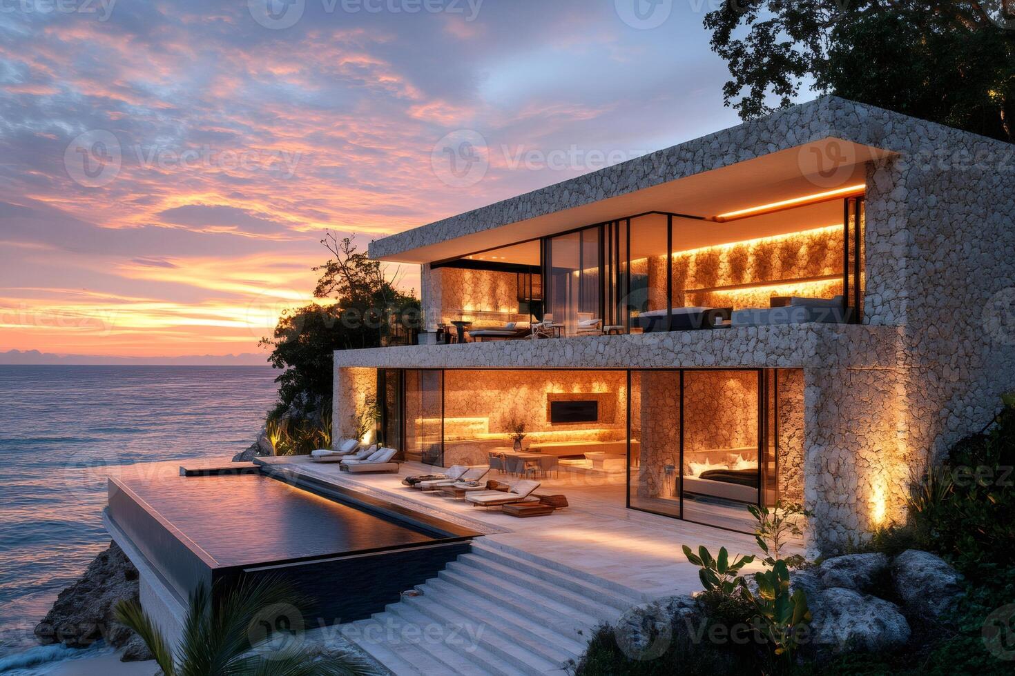 Modern luxury cliffside villa overlooking tranquil ocean at sunset photo