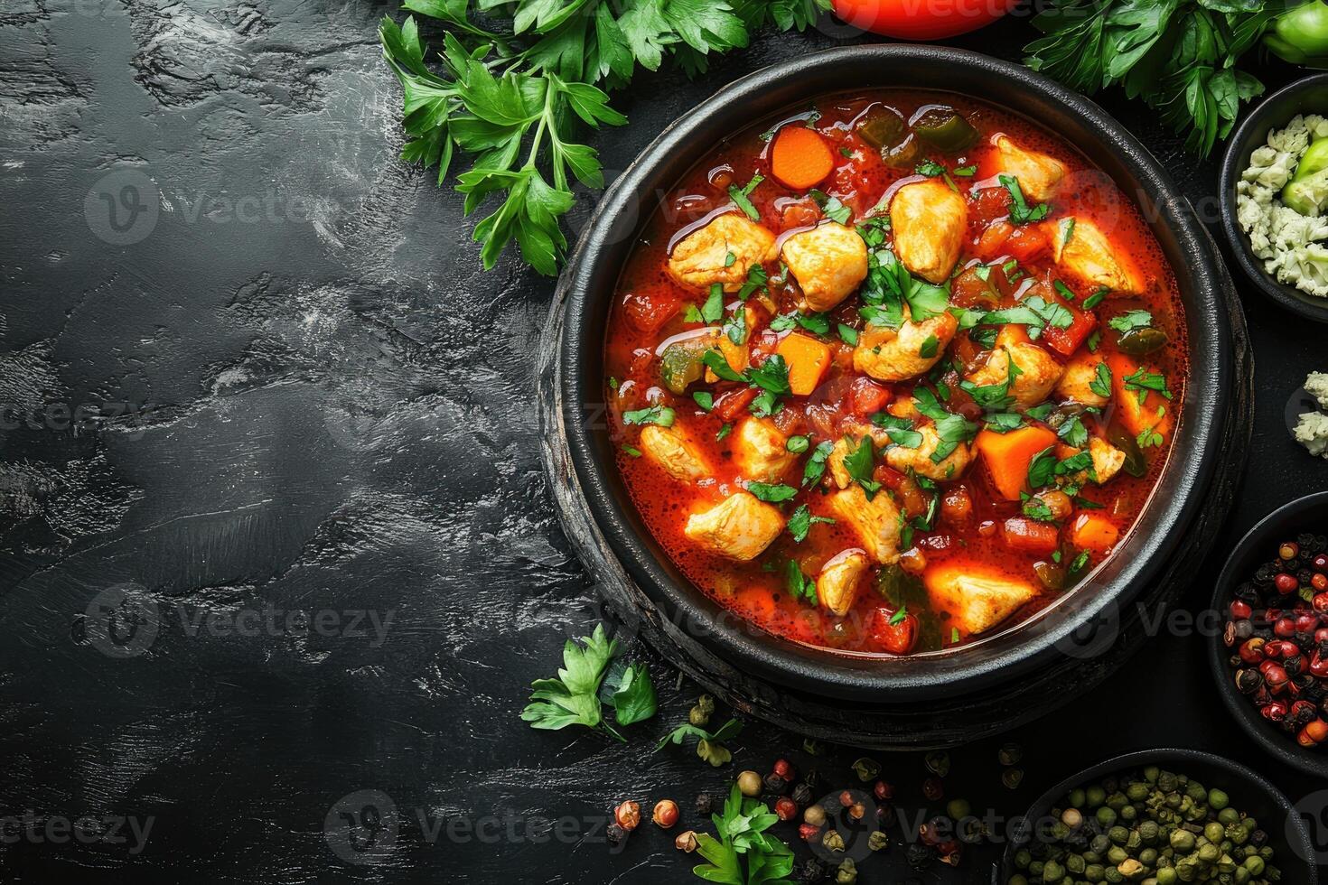 Chicken stew with vegetables simmering in a black bowl, garnished with fresh parsley photo