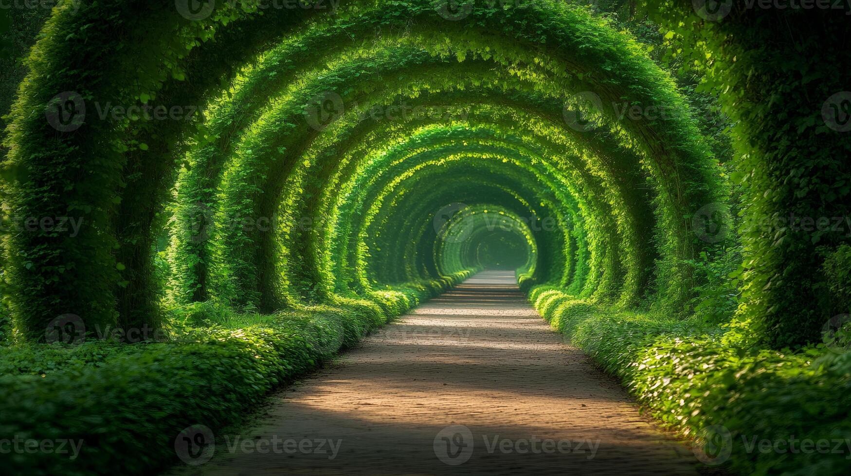 Magical green tunnel of love creating a romantic archway in the park photo