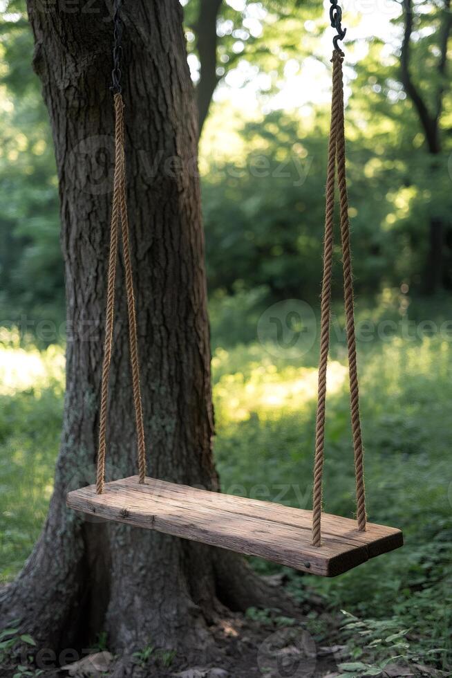 Wooden swing hanging from a tree in a forest setting photo