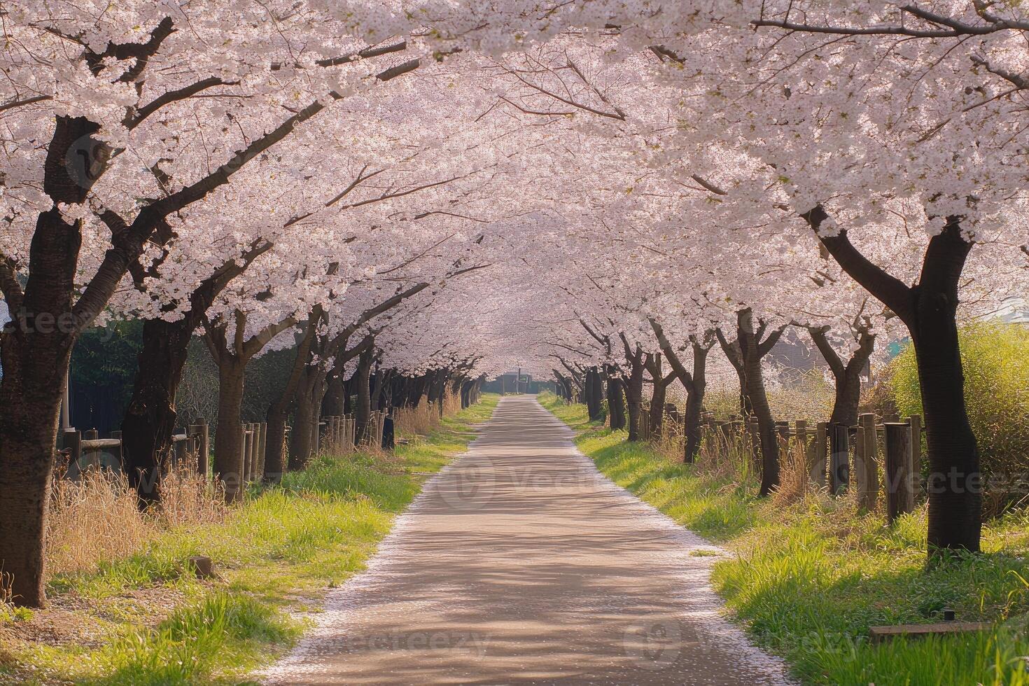 Cherry blossom trees forming a tunnel over a paved path photo