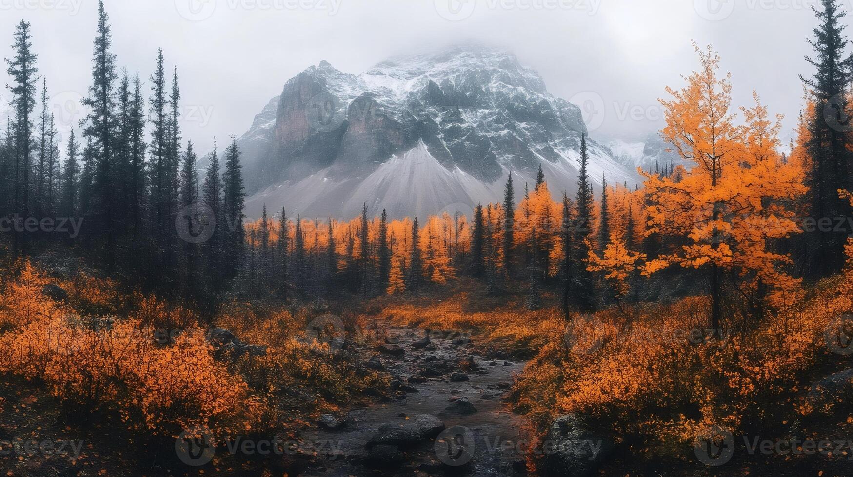 Snowy mountain towering over colorful autumn forest and stream photo