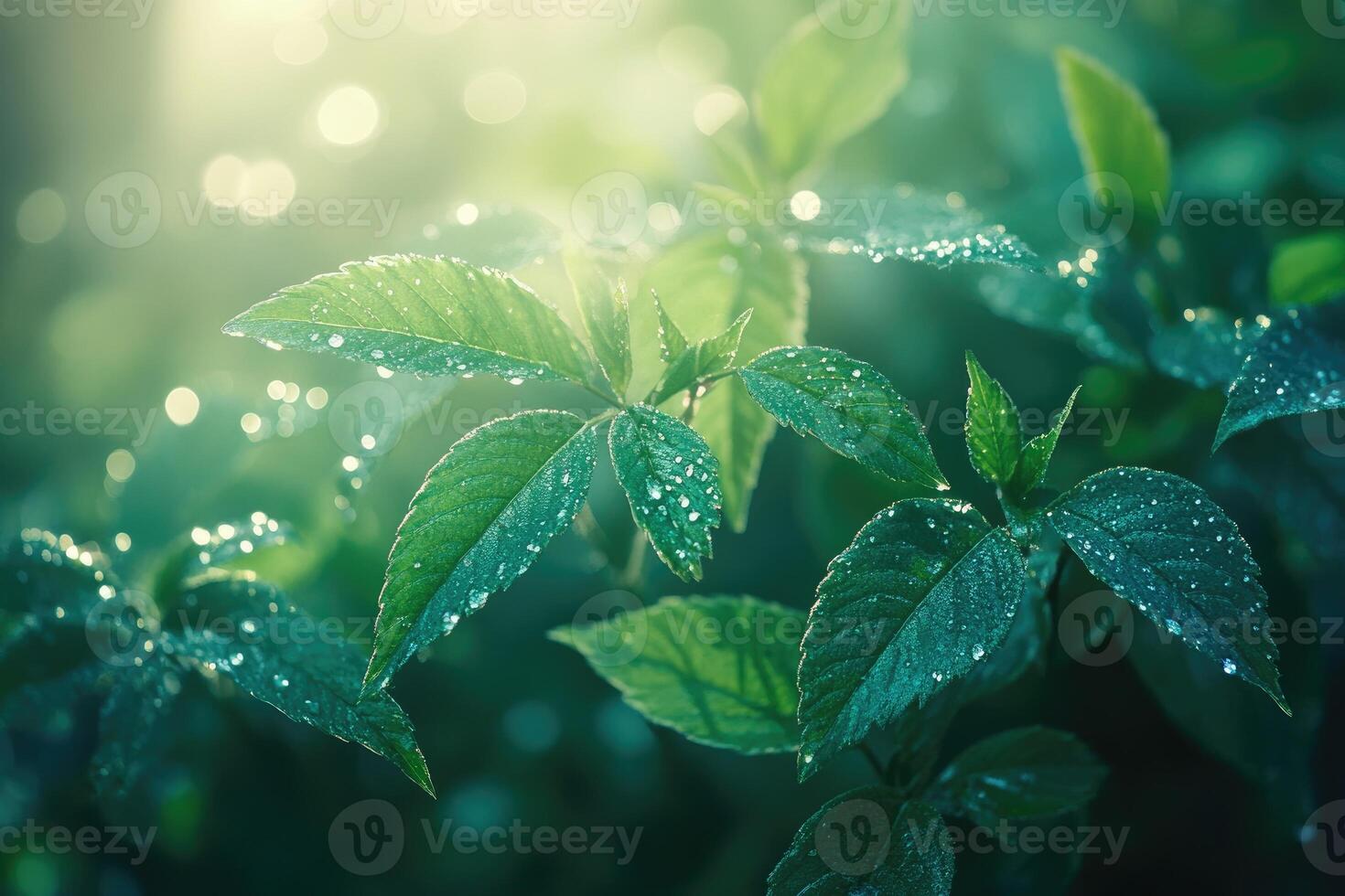 Sunbeams filtering through lush green foliage with dewdrops in a misty forest photo