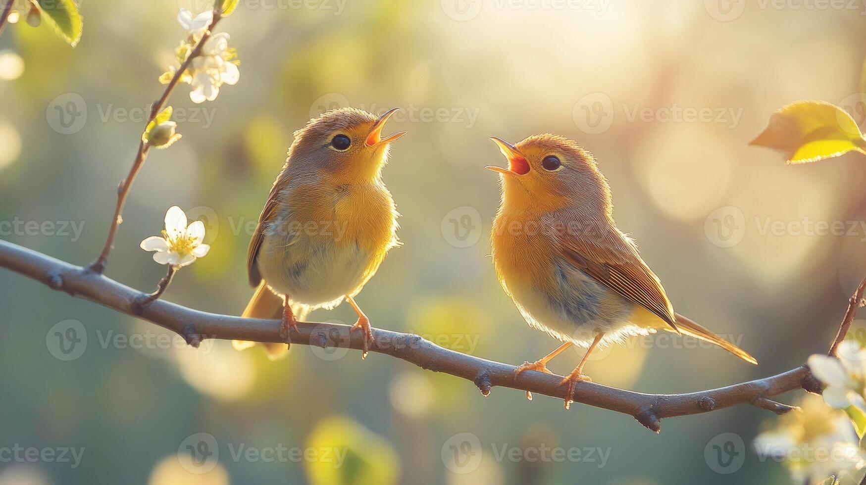 Two birds singing on a blooming branch in spring sunlight photo