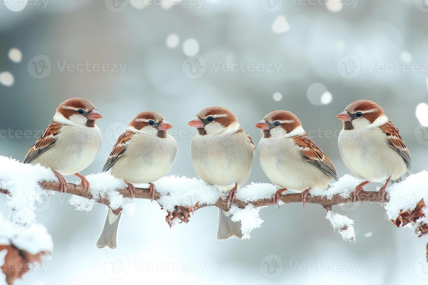 Four sparrows huddle together on a snowy branch during a winter snowfall photo
