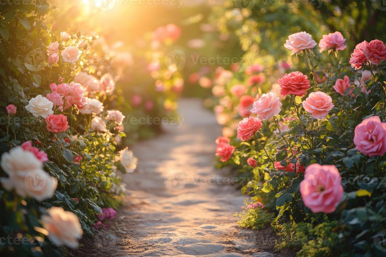 Pathway winding through blooming rose garden in spring sunlight photo