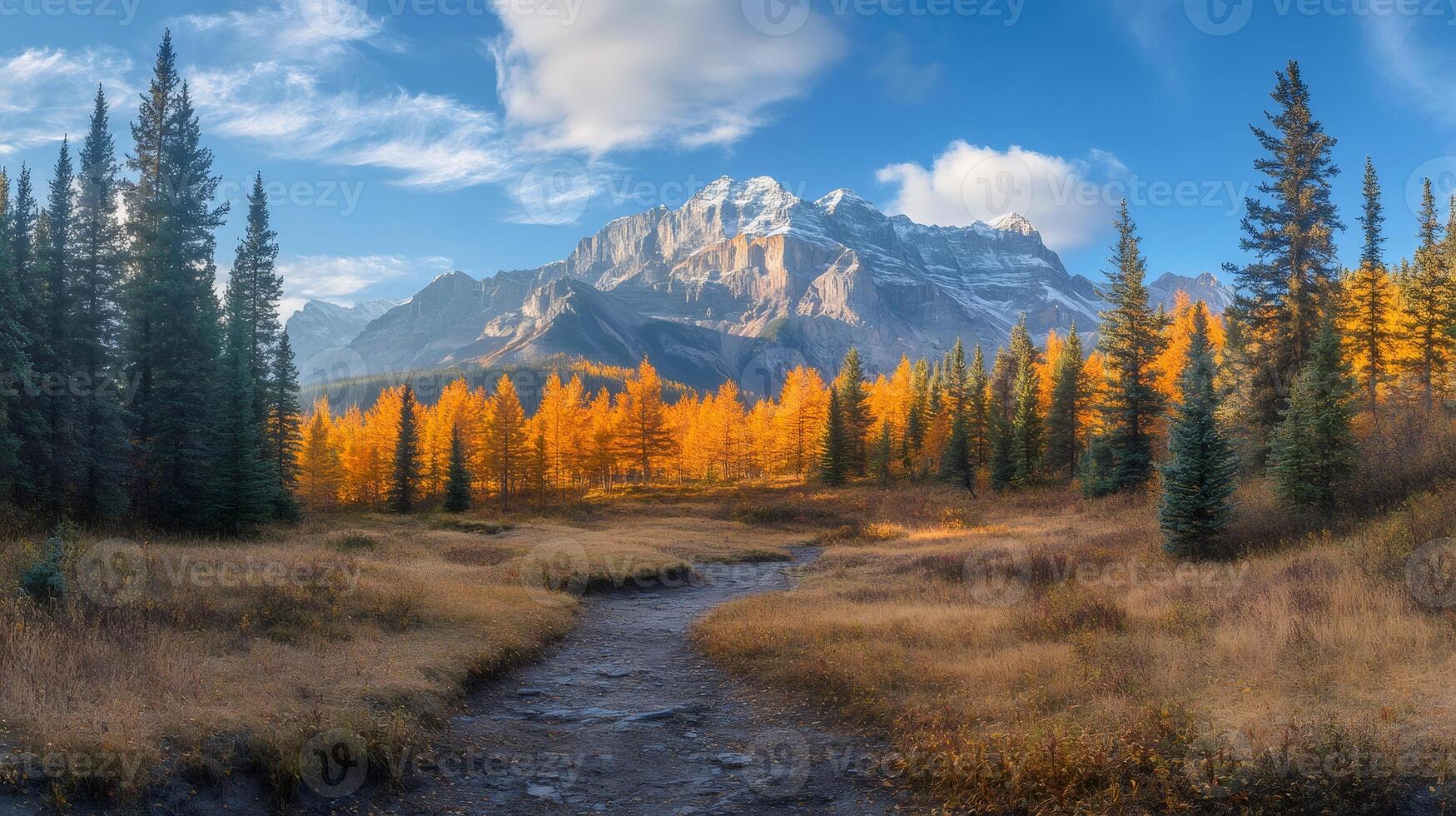 Hiking trail leading towards majestic snow-capped mountain through golden larch trees in autumn photo