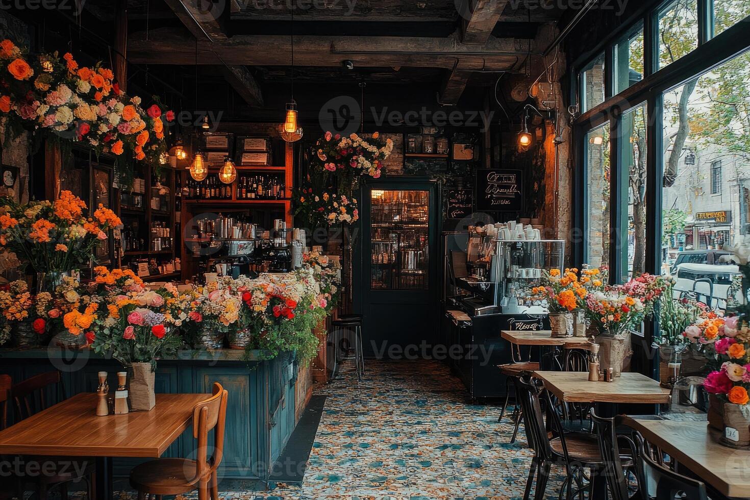 Cozy flower shop and cafe interior with rustic decor and hanging lights photo