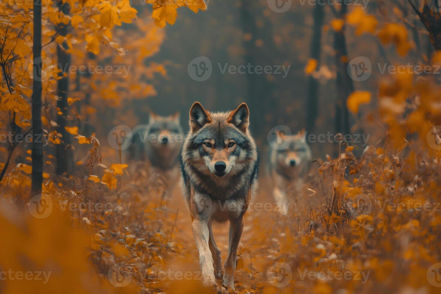 Wolves walking in autumn forest pack of wild animals roaming together photo