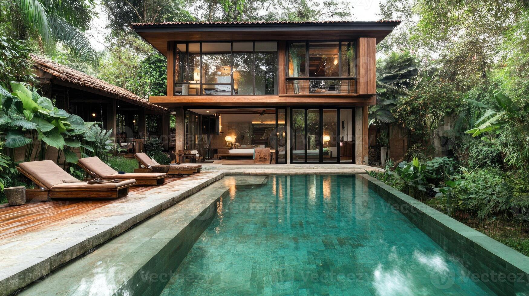Modern balinese villa featuring inviting swimming pool and lush tropical greenery photo