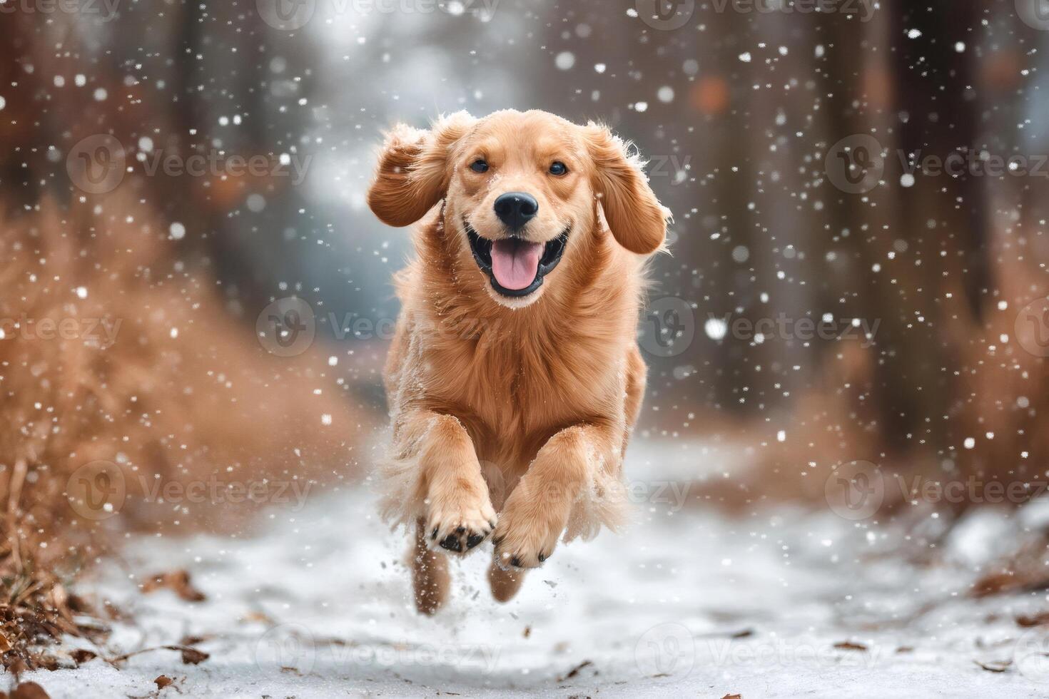 Golden retriever running happily in falling snow photo