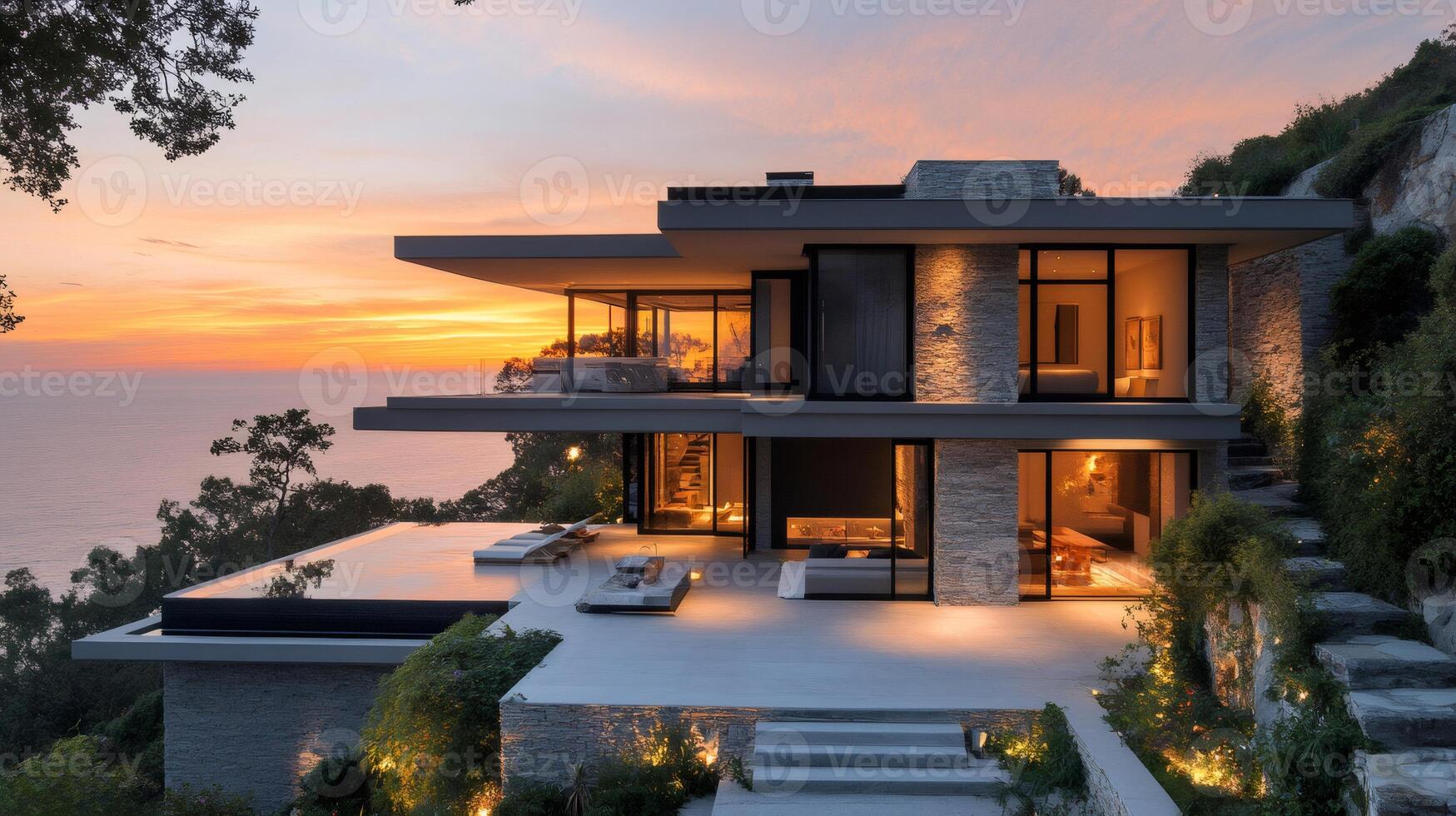 Modern luxury cliffside villa overlooking tranquil ocean at sunset photo