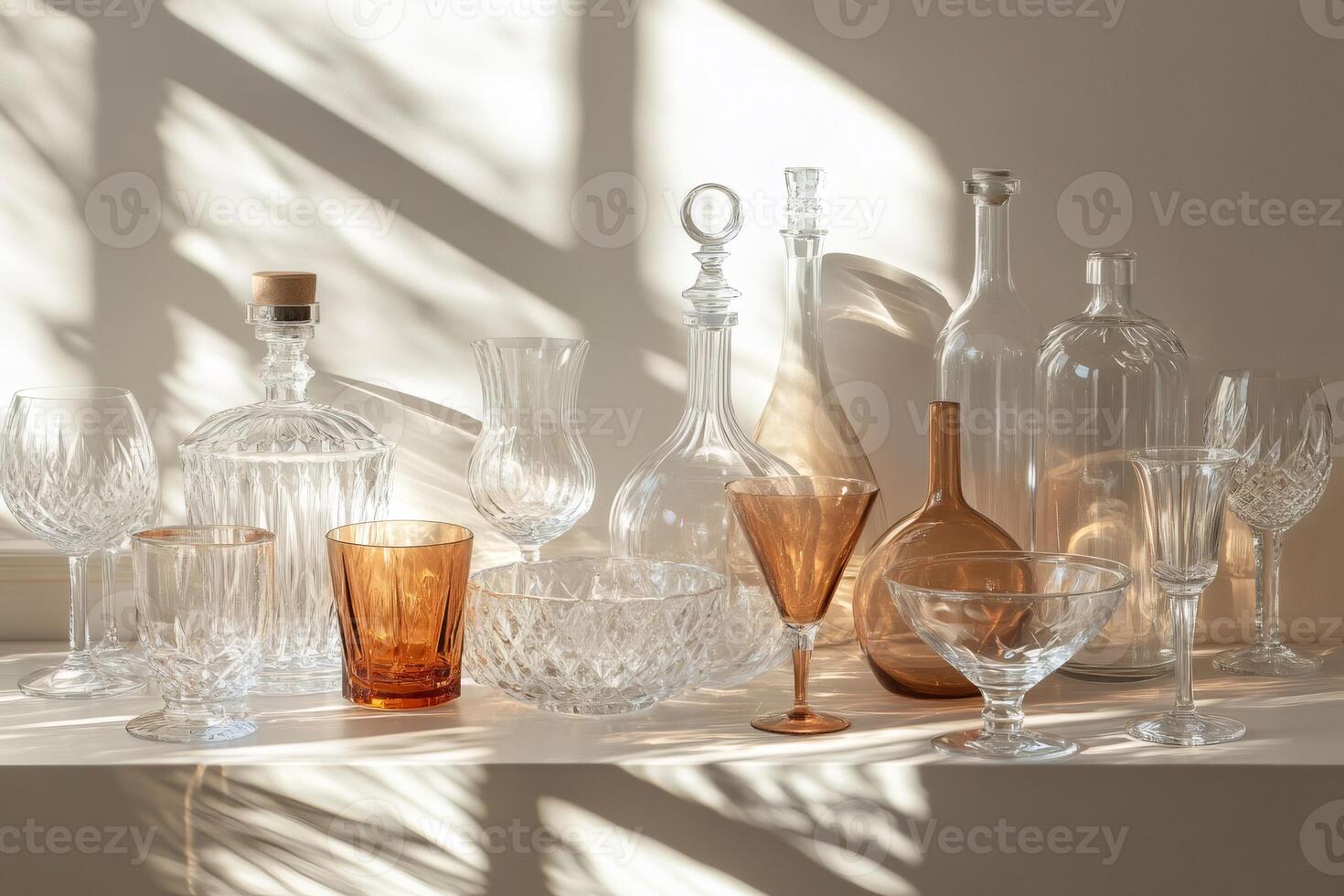 Crystal clear glassware and decanters catching sunlight on shelf photo