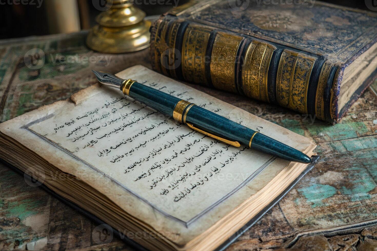 Elegant fountain pen resting on ancient arabic book with golden decorations photo