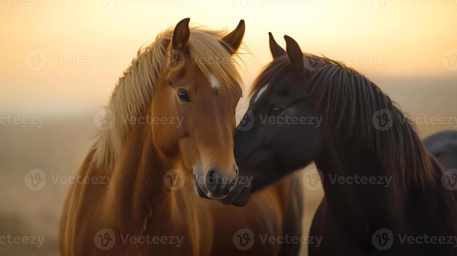 Two horses showing affection at sunset in a field photo