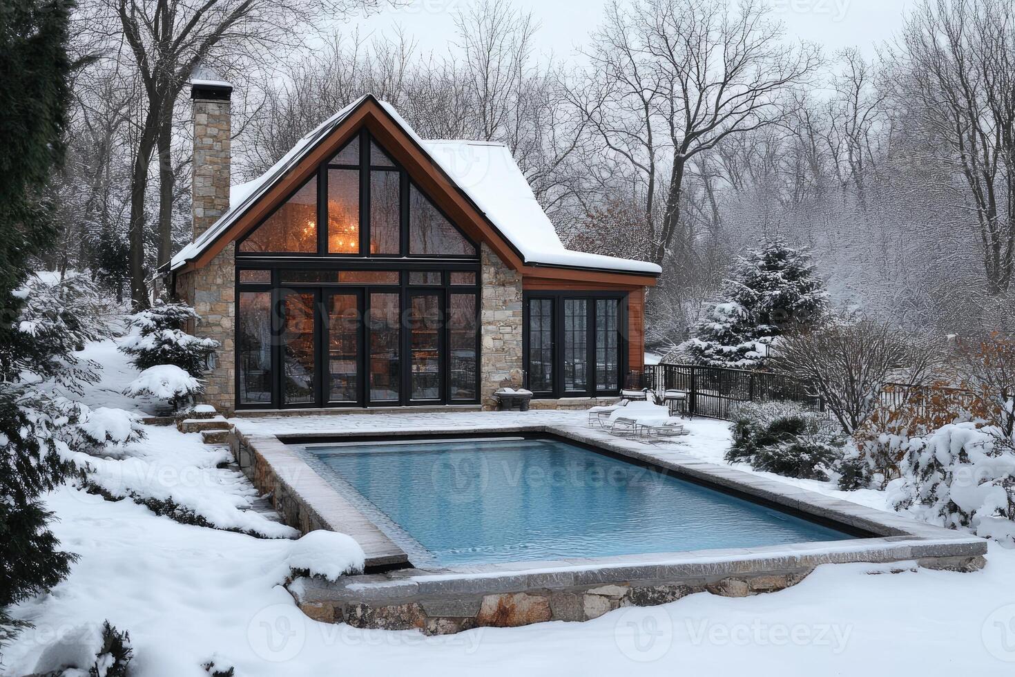 Modern pool house with illuminated interior overlooking snow covered swimming pool during winter photo