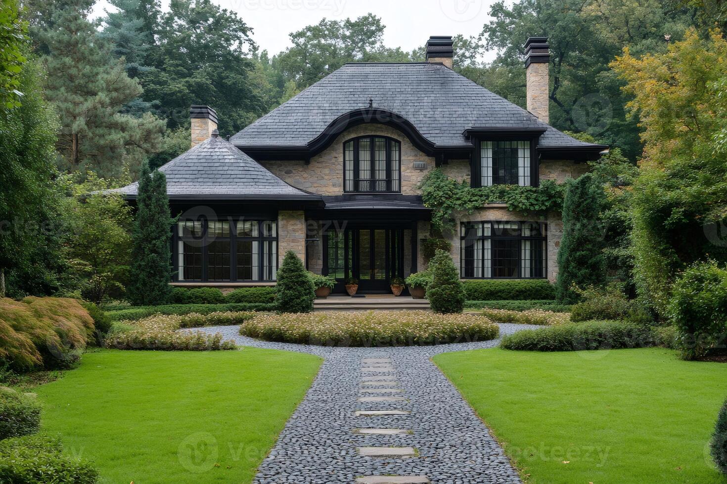 Stone pathway leading to luxury mansion surrounded by lush greenery photo