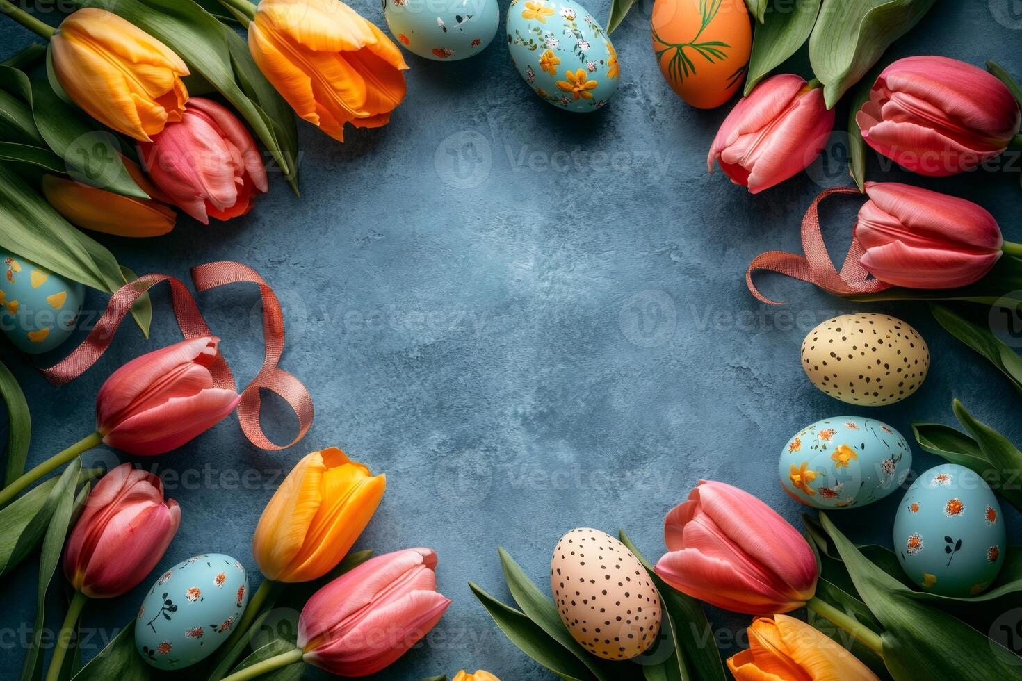Easter eggs and tulips creating a frame on a blue background photo