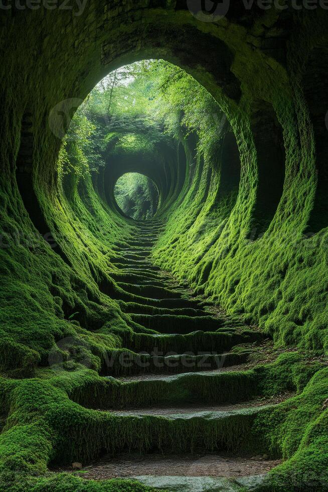 Stone staircase leading to a mystical green tunnel in the forest photo
