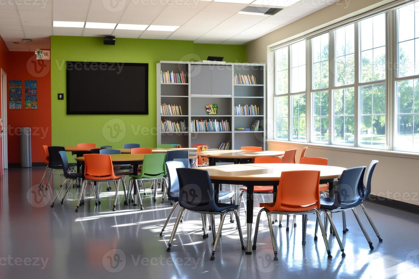 Modern classroom interior design featuring colorful chairs and round tables photo