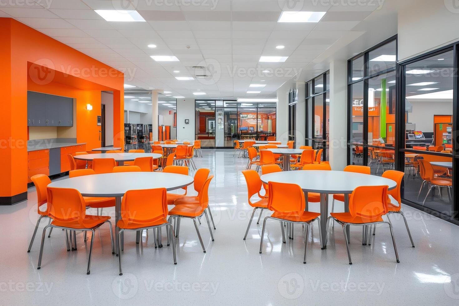 Modern school cafeteria with orange chairs and round tables photo