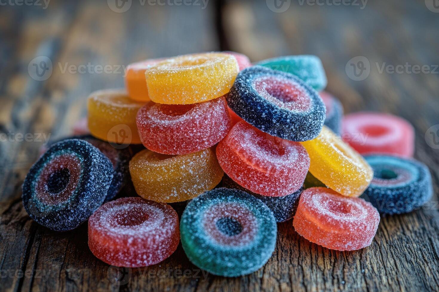 Colorful gummy rings resting on rustic wooden surface photo