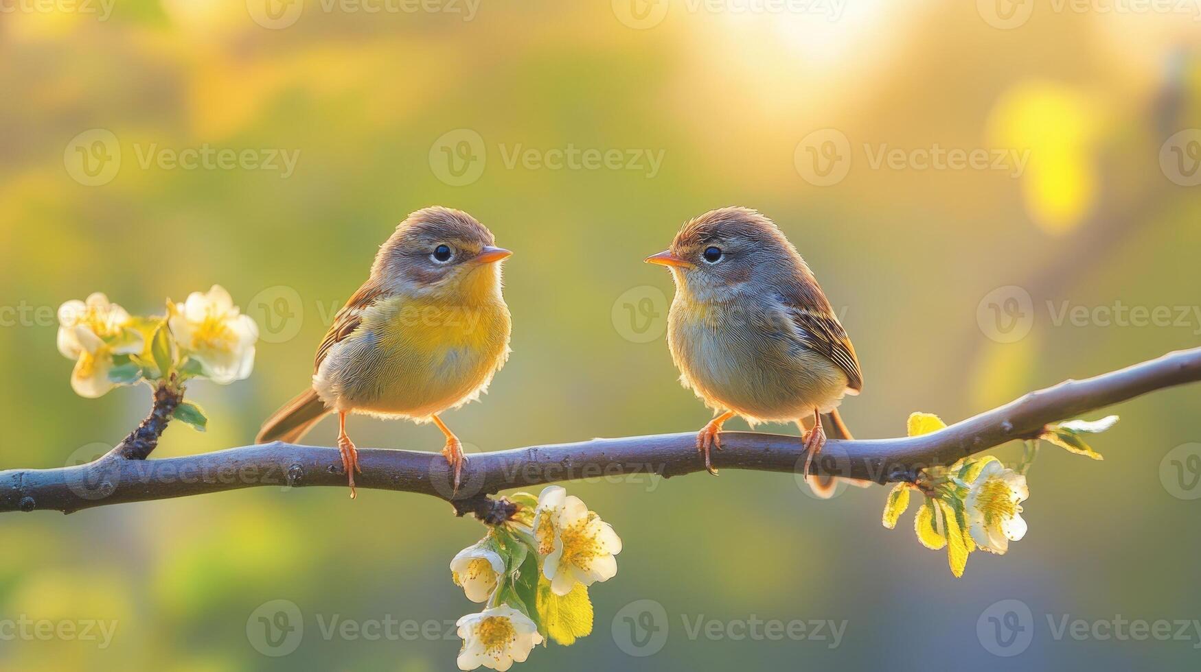 Two small birds perching on blooming branch at sunset photo