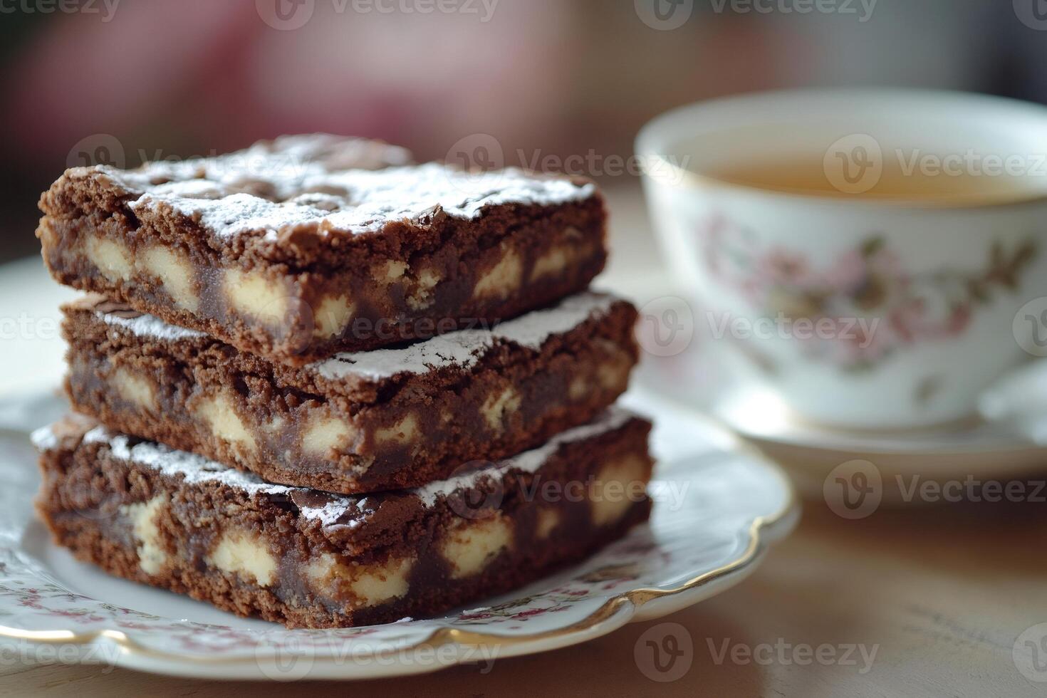 Delicious chocolate brownies with white chocolate chunks and icing sugar dusted on top served with tea photo